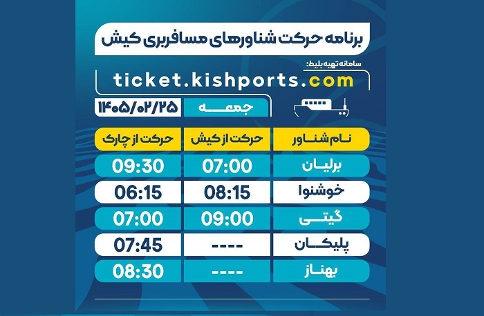 برنامه حرکت شناور‌های مسافربری و حمل خودرو کیش، جمعه ۲۵ اردیبهشت