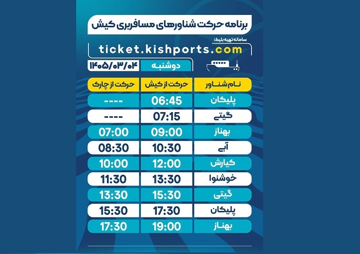 برنامه حرکت شناور‌های مسافربری و حمل خودرو کیش، دوشنبه ۴ خرداد