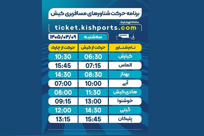 برنامه حرکت شناور‌های مسافربری و حمل خودرو کیش، سه شنبه نهم تیر
